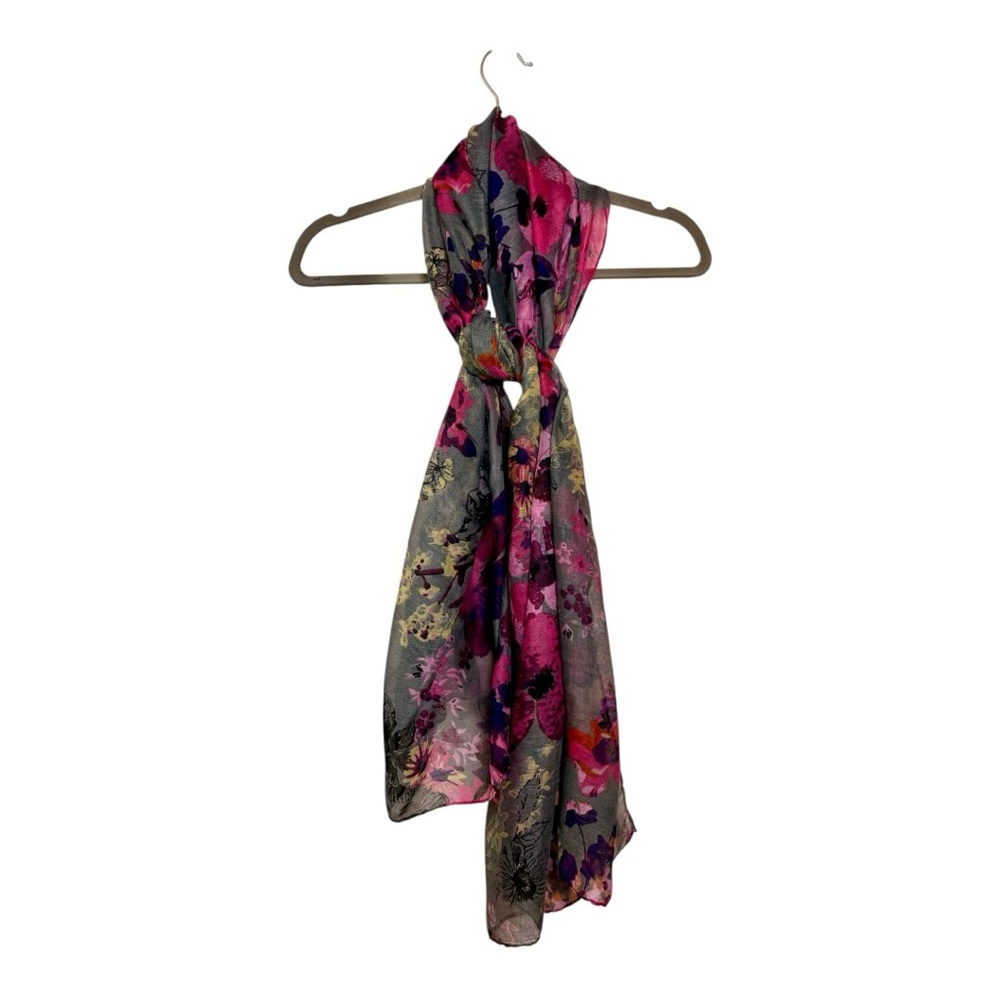 Gray Pink Floral Chiffon Scarf Romantic Boho Lightweight Wrap